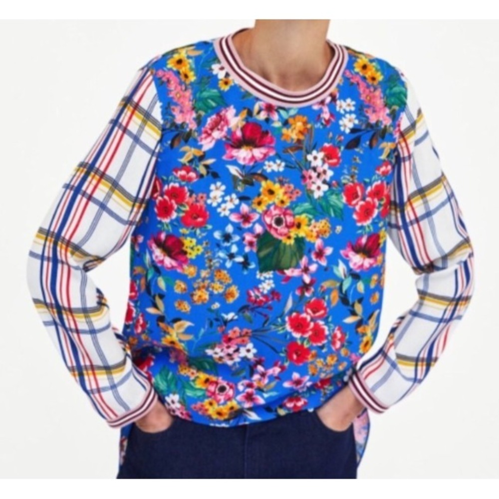 Zara Floral High Low Top Plaid Sleeve Artsy Top Medium Maximalist Retro Boho